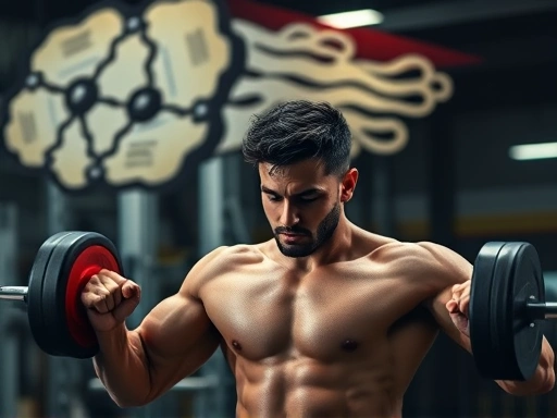 A person pushing their physical limits during a workout, looking determined and strong, with an abstract representation of willpower or philosophical thought in the background, gym setting, dynamic lighting, high contrast.