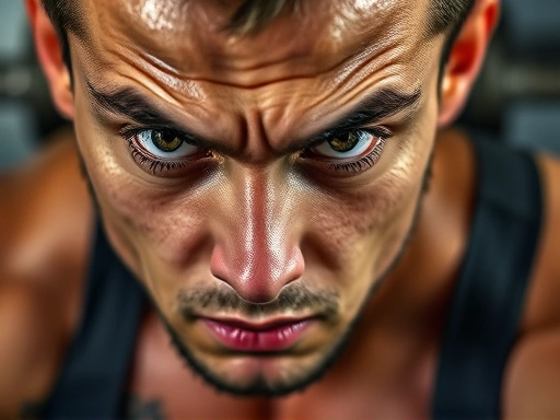 Close-up of a determined and sweaty face during an intense workout, eyes focused, showing mental fortitude and inner strength, with a blurred background of weights or gym equipment, focused on the effort.