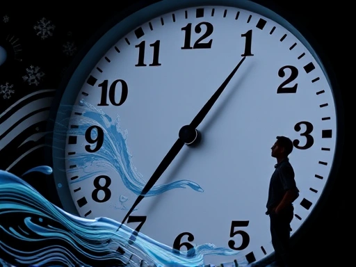 Close-up of a clock showing unusual hours, combined with abstract flowing water patterns and a figure calmly observing, symbolizing the embrace of a new rhythm and change in night shift workers' lives.