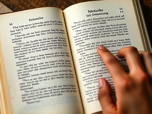 A close-up of an open, ancient philosophy book, specifically displaying text related to Nietzsche, with a hand pointing to a passage on self-overcoming, conveying deep thought and wisdom.