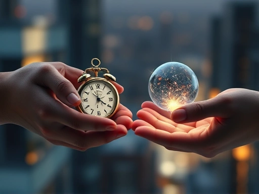 Close-up on hands exchanging a physical object (a small, intricately designed clock representing ownership) for a glowing, ethereal orb (representing experience or digital access), with a subtle background blur suggesting a future cityscape. Emphasize the abstract nature of the exchange.