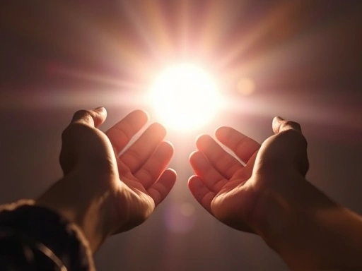 Close-up of hands reaching out towards a shimmering, ethereal light, symbolizing human connection, encounter, and hope, with a subtle philosophical undertone.