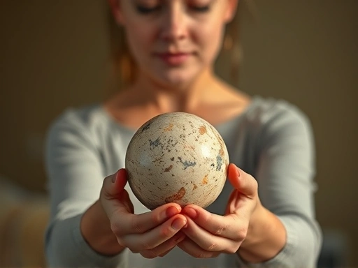 A person finding peace and freedom as they let go of a heavy, perfect sphere, replaced by a beautiful, organic, slightly imperfect natural stone. Soft, warm lighting, serene atmosphere. Keywords: overcoming perfectionism, emotional freedom, letting go, embracing imperfection.