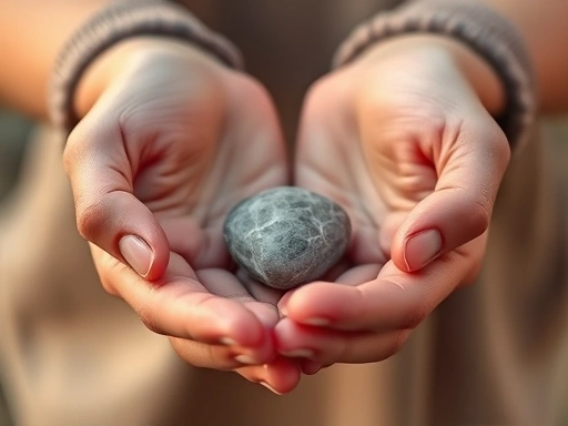 Close-up of hands gently holding a small, smooth but clearly imperfect pebble, symbolizing acceptance and inner peace. The background is slightly blurred with warm, natural light. Keywords: accepting flaws, inner peace, self-compassion, gentle embrace.