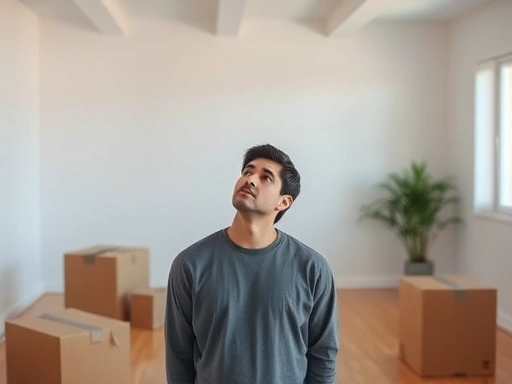 A person contemplating in an empty, bright new room, surrounded by a few cardboard boxes, looking thoughtful and slightly disoriented, conveying the feeling of adapting to a new home.