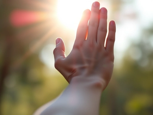 Close-up of a person's hand reaching towards sunlight during a dynamic yoga pose, symbolizing body affirmation and connection to inner peace and strength.