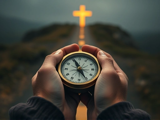 Close-up of a person's hands holding a compass without a needle, at a dimly lit crossroads, symbolizing existential freedom and the heavy responsibility of making choices without external guidance. Emphasize the texture of the hands and the weathered compass.