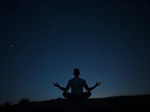 A person calmly meditating at night under a starry sky, symbolizing stoic philosophy and inner peace while resisting late-night snack cravings, with a clear and serene atmosphere.