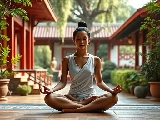 A serene person sitting in a meditative pose in a tranquil Buddhist temple garden, surrounded by lush greenery and soft natural light, symbolizing inner peace and concentration. Focus on mindfulness and ancient wisdom.