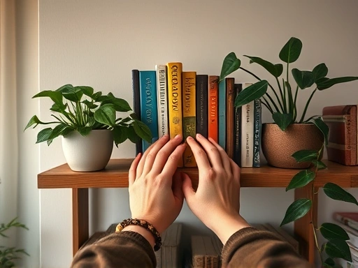 Close-up of hands arranging books and plants on a shelf in a cozy, personalized living room, symbolizing the act of dwelling and creating a sense of belonging in a new space.