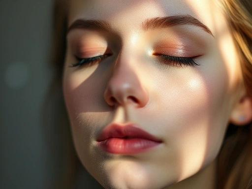 A close-up of a person's serene face, eyes closed in contemplation, with abstract light patterns representing clarity and emotional balance, focusing on the inner state of managing jealousy.
