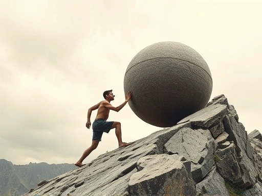 A person resembling Sisyphus pushing a large, round rock up a steep, rocky hill under a stark, indifferent sky, conveying the concept of eternal struggle and absurd labor, with a sense of determination.
