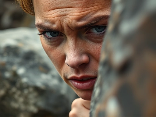 A close-up of a person's determined face, slightly sweating, as they push against a large, rough rock, showing resilience and the act of engaging with a challenging task, reflecting inner strength.