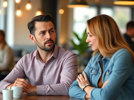 A man and a woman in a cafe, one looking confused while the other is talking, illustrating misunderstanding in a modern setting. Focus on their facial expressions and body language in a soft, natural light, with SEO keywords: communication, misunderstanding, relationship.