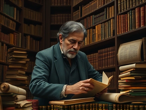A philosopher in a historical library setting, deep in thought, surrounded by old books and scrolls, embodying intellectual contemplation on emotions, with elements hinting at Spinoza's era.