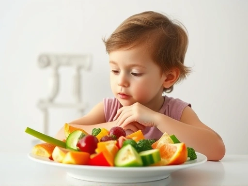 A child thoughtfully observing a plate of diverse, healthy food, with a subtle, abstract representation of ancient Greek philosophy in the background, promoting healthy eating habits.