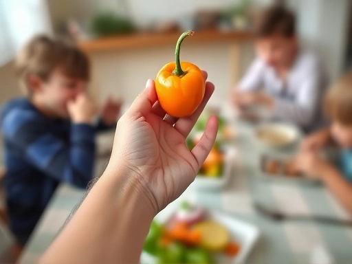 Close-up of a child's hand reaching for a piece of vegetable, symbolizing choice and self-control, set against a blurred background of a calm family dinner, emphasizing mindful eating.