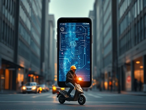 An abstract depiction of a lone delivery worker on a scooter, overshadowed by a large, glowing smartphone screen, symbolizing algorithmic control and the concept of alienation in modern platform labor. The worker looks isolated amidst urban backdrop. Focus on the feeling of disconnection.