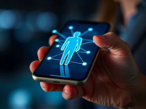 Close-up of a hand holding a smartphone displaying an abstract interface with lines and dots connecting to a stylized human figure, representing the digital chains of algorithmic management in gig work. Subtle glowing elements. Focus on the interface and connection.