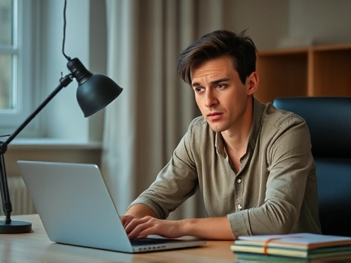 A person looking tired but reflective, sitting at a desk with a laptop, subtly thinking about a recent happy vacation, illustrating post-vacation blues and the philosophical challenge of returning to routine.