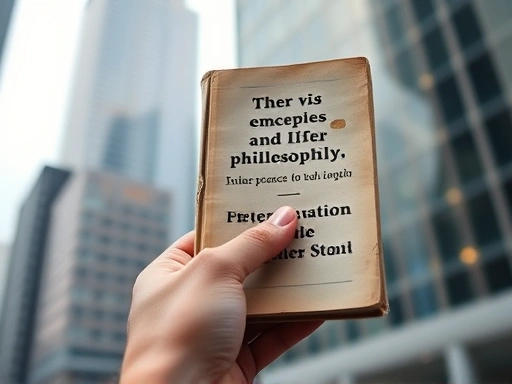 A close-up of a hand holding a well-worn copy of a philosophical book, with blurred background of corporate buildings, symbolizing inner peace amidst external struggles and the effort in stoic philosophy.