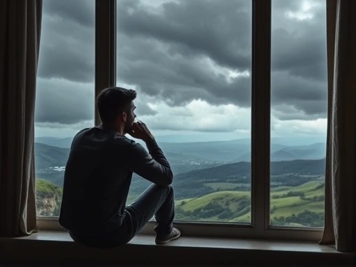 A thoughtful person sitting alone, looking out a window at a stormy landscape, symbolizing psychological pressure, with subtle philosophical elements.