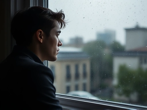 A person thoughtfully looking out a window on a rainy day, with a subtle melancholic atmosphere, incorporating themes of philosophy, mood, and existence. Focus on introspective scene.