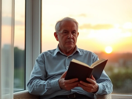A mature person in their 50s, looking reflective and contemplative, sitting by a window at sunset, holding a book that subtly suggests philosophy or deep thought, perhaps with a subtle depiction of passing time. Keywords: retirement, contemplation, philosophy, reflection.