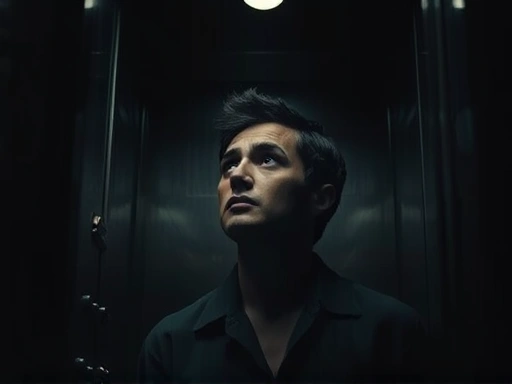 A person looking contemplative inside a dimly lit elevator, showing a sense of existential reflection and freedom even in confinement, with subtle light rays. Focus on the thoughtful expression and confined space. 