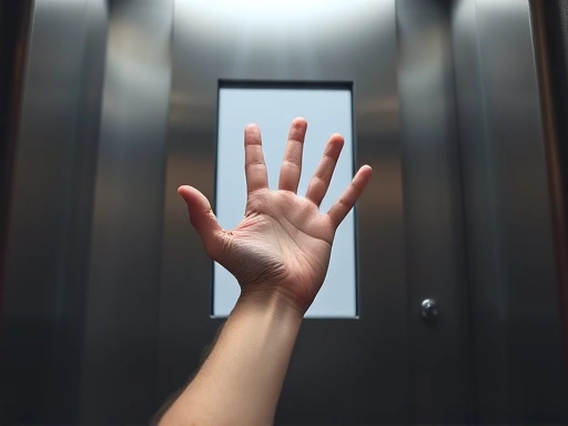 Close-up of a hand reaching out from a small gap in an elevator door, symbolizing the human will and freedom to act or choose even in a restricted, challenging environment. Emphasize hope and subtle light. 