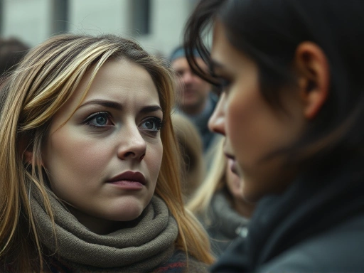 Close-up on two people making accidental eye contact in a crowd, one experiencing a sudden feeling of being exposed and judged. The scene should highlight the intense, almost visceral reaction to the 