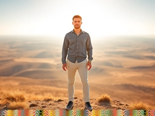 A person standing alone on a vast landscape, radiating inner strength and confidence, sunlight illuminating their determined face, symbolizing self-affirmation and freedom from external judgments.