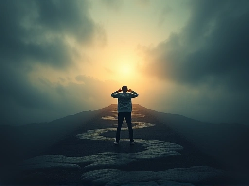 A person confidently facing a challenging path, symbolizing self-improvement through Nietzschean philosophy, with subtle abstract elements representing eternal recurrence.