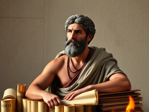 A serene ancient Roman scholar, possibly Seneca, is deep in thought, surrounded by papyrus scrolls and a tranquil, minimalistic study, illustrating wisdom and introspection.