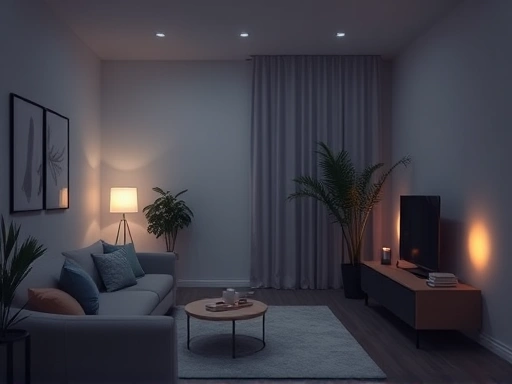 A serene, minimalistic smart home interior with subtle glowing devices, half in shadow, symbolizing the duality of convenience and hidden philosophical implications. Focus on modern aesthetics.