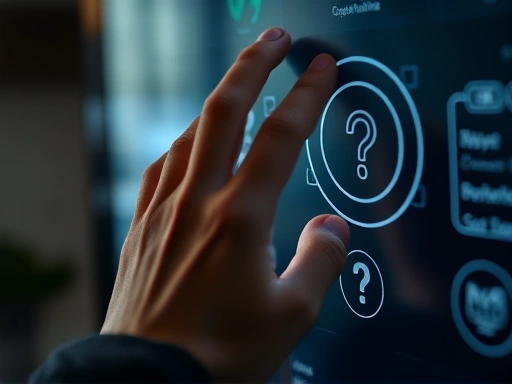 Close-up of a human hand interacting with a smart home interface, with a subtle, distorted reflection suggesting contemplation or a questioning gaze. Emphasize philosophical depth.