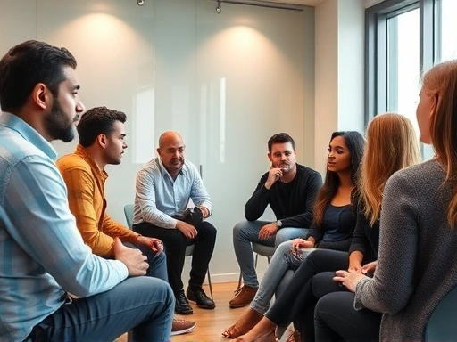 A diverse group of people engaged in a thoughtful Socratic dialogue in a modern, well-lit meeting room, conveying intellectual discussion and active listening, with emphasis on clear communication.
