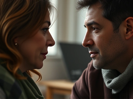 Close-up of two people in a deep, empathetic conversation, one person speaking thoughtfully while the other listens attentively, capturing the nuance of non-verbal cues and genuine connection.