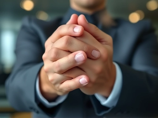 Close-up of hands gently clasped, symbolizing soft power and inner peace in a challenging corporate environment, with a blurred office background, focus on calm and resilience.