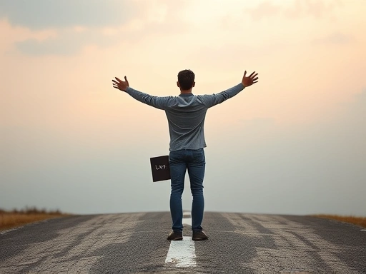 A metaphorical image of a person standing at a crossroads, symbolizing the uncertainty of 