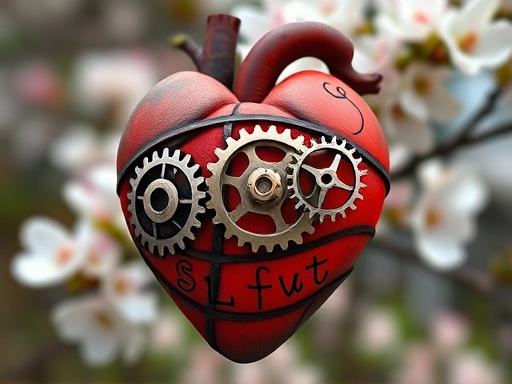 A close-up shot of a human heart intertwined with abstract gears and philosophical symbols, representing the complex interplay of emotions and logical progression in love, against a blurred background of blossoming flowers.