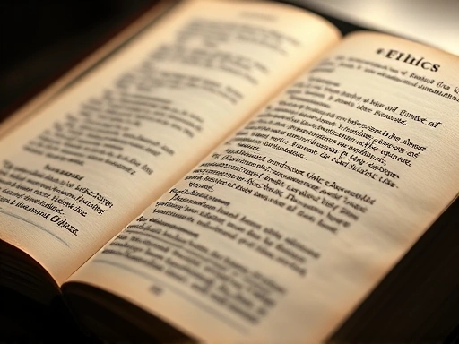 A close-up shot of an antique philosophy book, possibly Spinoza's Ethics, open to a page with highlighted text, suggesting deep thought and wisdom, surrounded by subtle, warm light. Includes keywords: spinoza philosophy, wisdom, ethical thought, deep understanding.