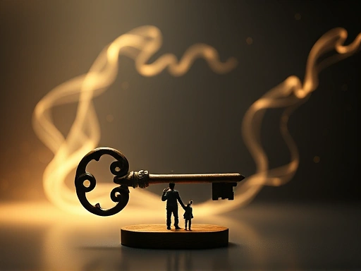 A metaphorical image showing a subtle shift in the balance between tangible possessions (represented by an antique key) and intangible experiences (represented by flowing digital light), with people interacting with both, in a modern, clean design. Focus on the philosophical concept.