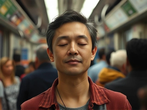 A person meditating calmly amidst a crowded and bustling subway train, soft light, serene expression, showing inner peace despite external chaos, conveying mindfulness and calm. Focus on the person's peaceful face.