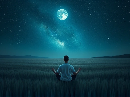 A calm person meditating in a vast field of reeds under a starry night sky, symbolizing deep thought and peaceful sleep, gentle moonlight, serene atmosphere, philosophical, tranquil scene.