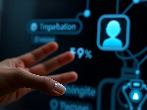 Close-up of a human hand and a glowing, minimalist chatbot interface interacting, emphasizing the subtle nuances of communication that raise questions about human uniqueness and AI intelligence.
