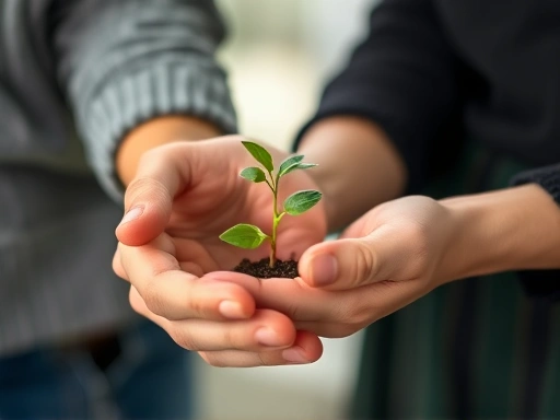 A close-up shot of two hands clasped together, one offering a small, vibrant green sprout to the other, symbolizing the delicate act of nurturing and rekindling a friendship, with a soft, blurred background.