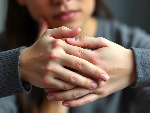 Close-up of two hands gently touching, symbolizing empathy and connection, with a blurred background of a thoughtful person. Incorporate elements of understanding and deep listening, using keywords: empathy, connection, deep listening, non-verbal cues.