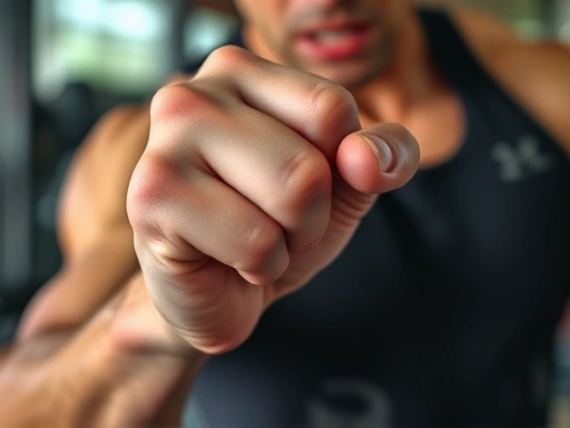 Close-up of a person's clenched fist and strained muscles during a difficult exercise, symbolizing mental fortitude and the will to power in a gym setting.