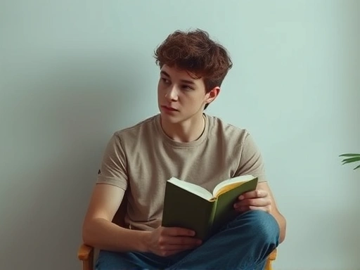 A young person, likely in their 20s, sitting alone and contemplating their future career path, with a philosophical book subtly hinting at Sartre's existence precedes essence theme. The scene should evoke introspection and a sense of thoughtful decision-making amidst uncertainty, using a soft, natural color palette.